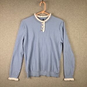Arach & Cloz Womens Blue Ribbed Ruffle Trim Henley Sweater Top Size L